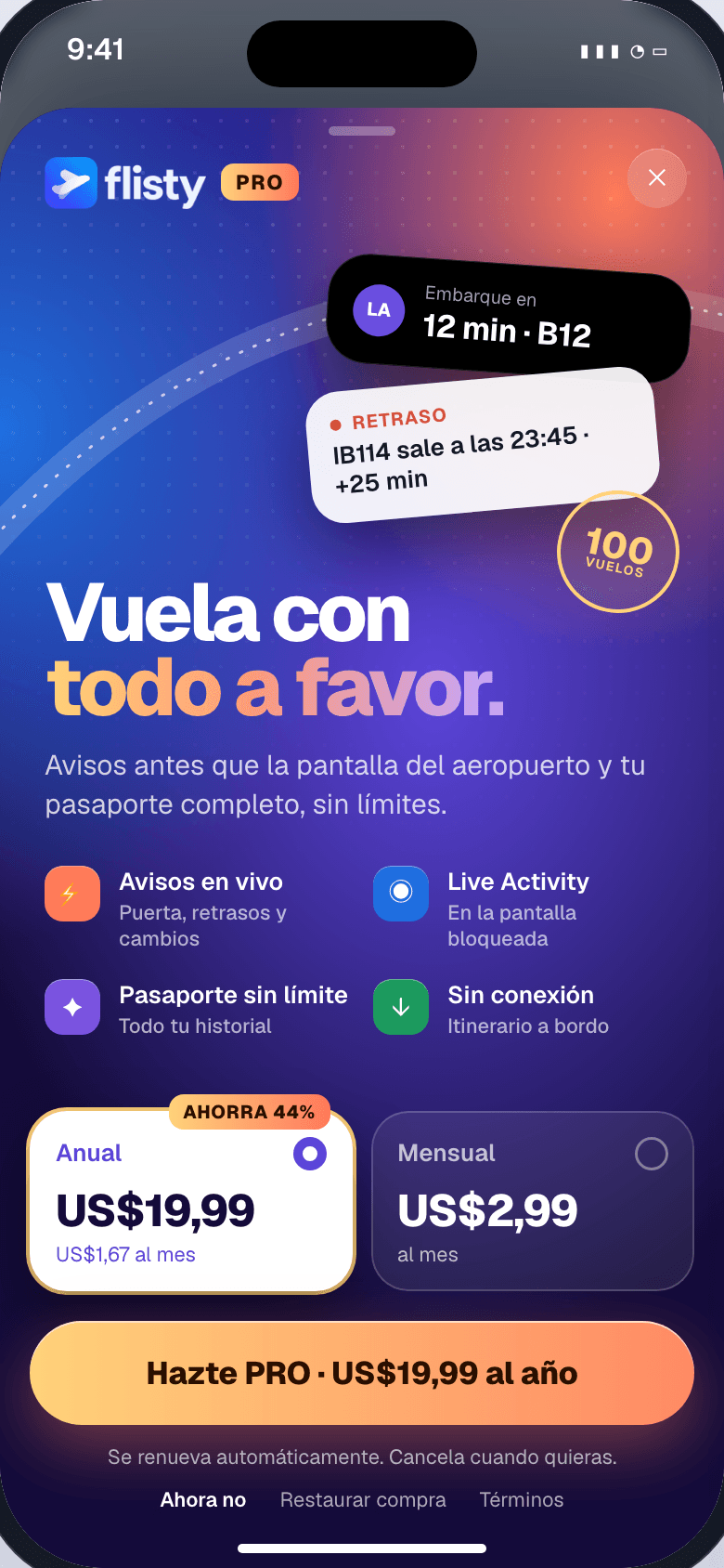 Pantalla de Flisty PRO con planes anual y mensual