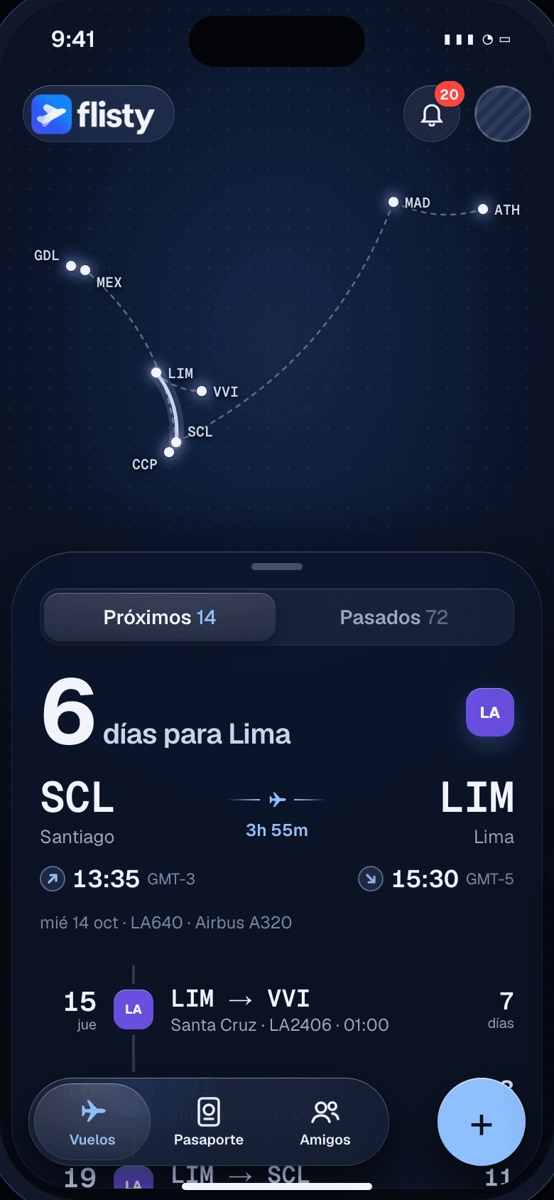 Lista de vuelos de Flisty con mapa de rutas